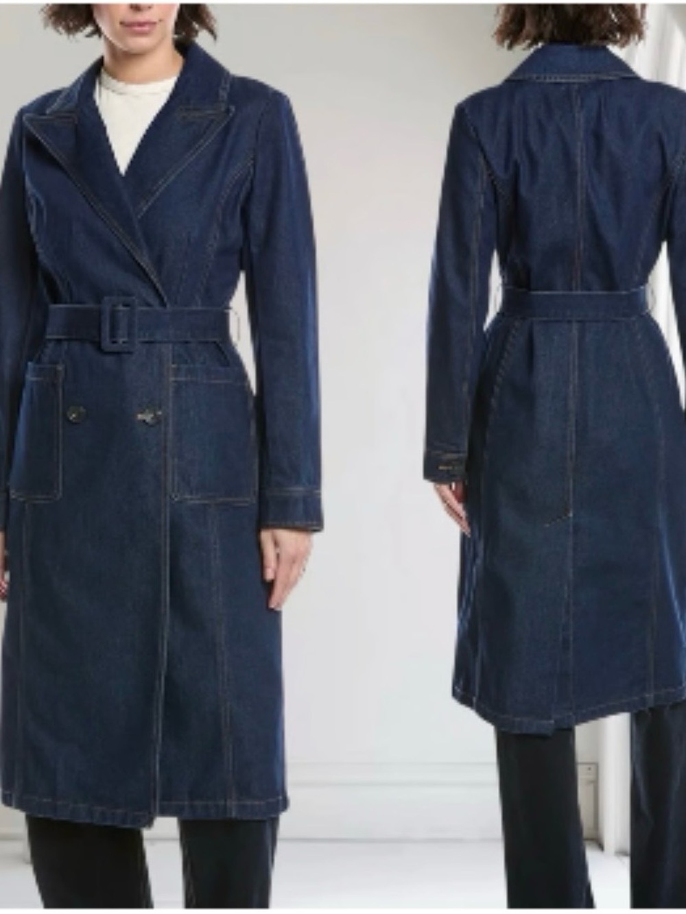 Avec Les Filles NWT Indigo Blue Denim Trench Coat with Belt Size Medium
